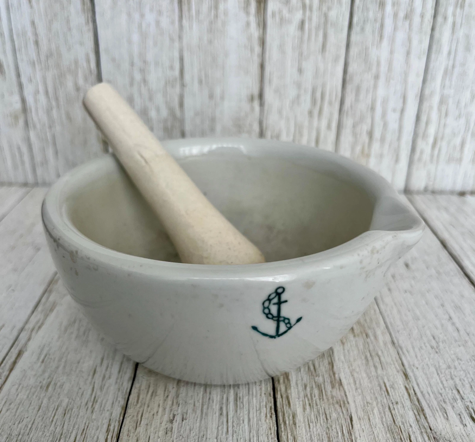Vintage Porcelain Apothecary Mortar & Pestle Anchor Logo Mid Century Labware