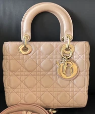 Christian Dior Lady Dior Top Handle Bag Rose Poudre Gold Used Women Classic