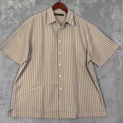 Perry Ellis Button Up Shirt Men XXL Beige Striped Modal Blend Short Sleeve
