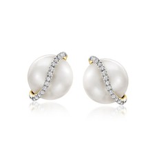 8-8.5mm Cultured Pearl Stud Earrings with Diamonds in 14kt Yellow Gold