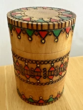 Decorated Hand Carved & Painted Wooden Jar with Lid Albania