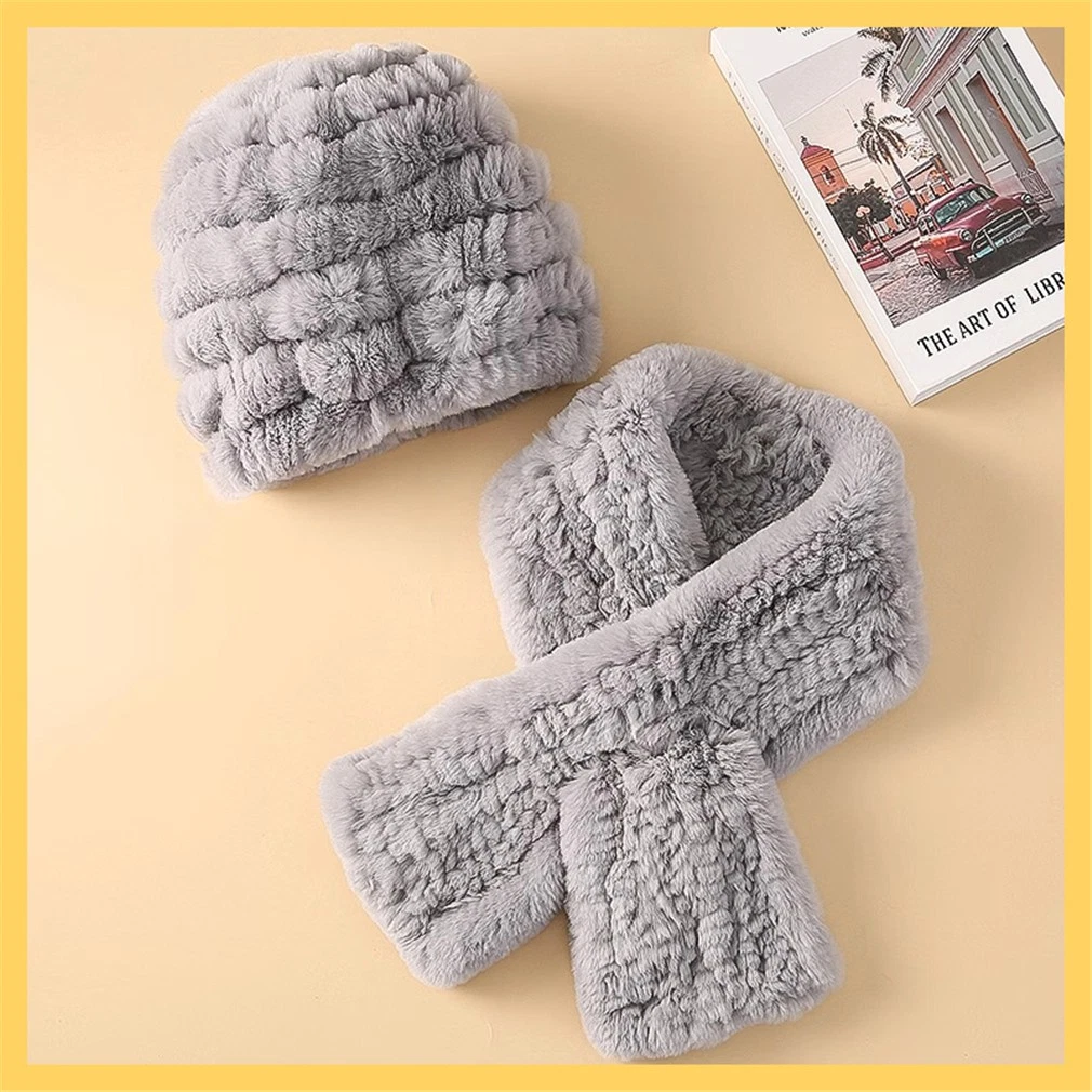 100% Real Rabbit Fur Hat and Scarf Thicken Winter Warm Knitted Cap for Men
