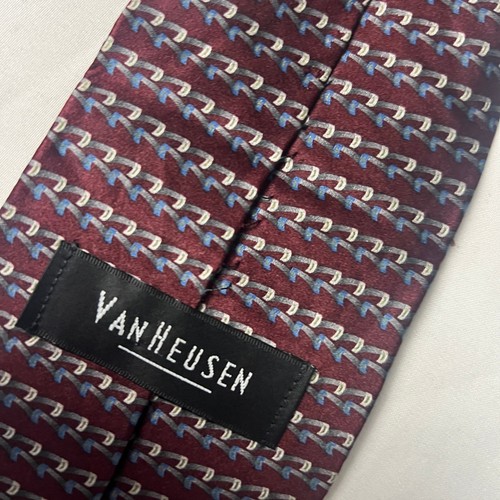 Van Heusen Necktie Burgundy Geometric 100% Silk Made in USA Imported