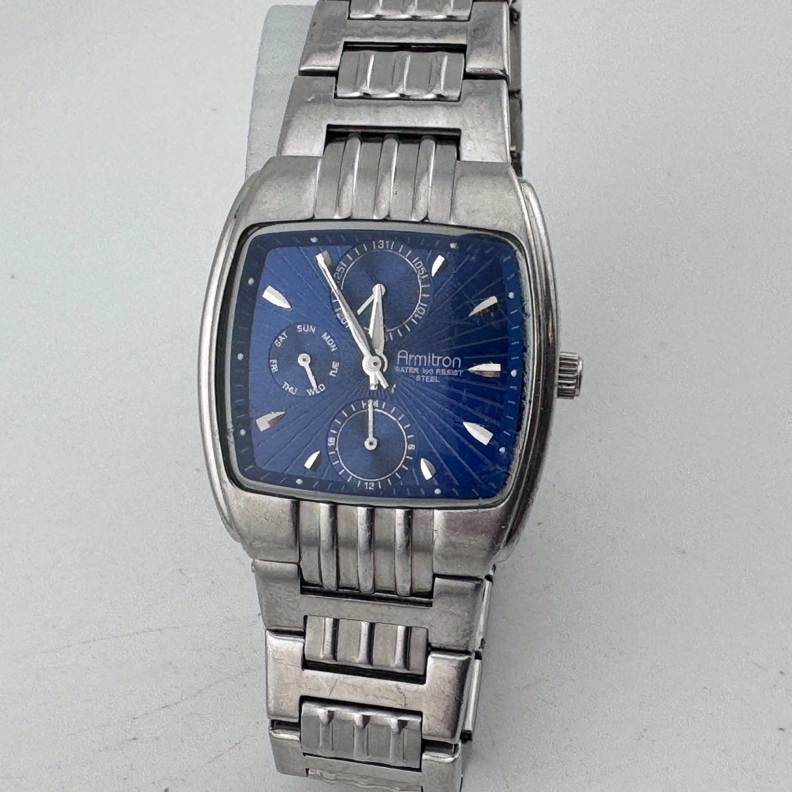 Armitron Quartz Watch Men Silver Blue Barrel Day Date Japan Analog New Batter 8"