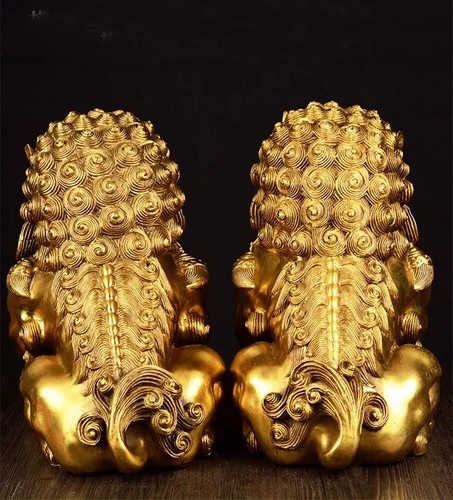 Large Pair Bronze Chinese Lion Foo Dog Statue Figure Sculpture Gold-Color H:20CM - Picture 3 of 6