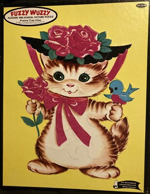 FLOCKED Fuzzy Wuzzy  Kitty/Bird Pre-School Frame Tray Puzzle Whitman  PET RESCUE