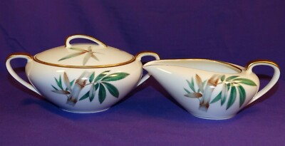 NORITAKE BONE CHINA CANTON #5027 DINNERWARE CREAMER & SUGAR BOWL SET BAMBOO GOLD