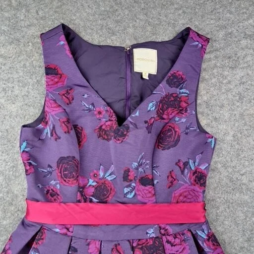 Modcloth Dress Womens Medium Purple Floral Roses Fit Flare Sleeveless Sash Tie - Image 3 of 4