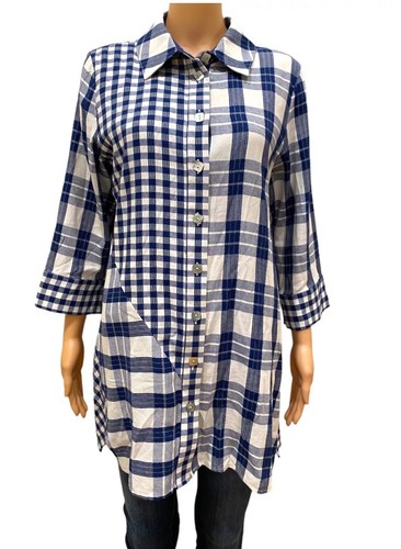 Soft Surroundings Womens Button Huntleigh Shirt Color Navy/ Ivory Blouse Size L