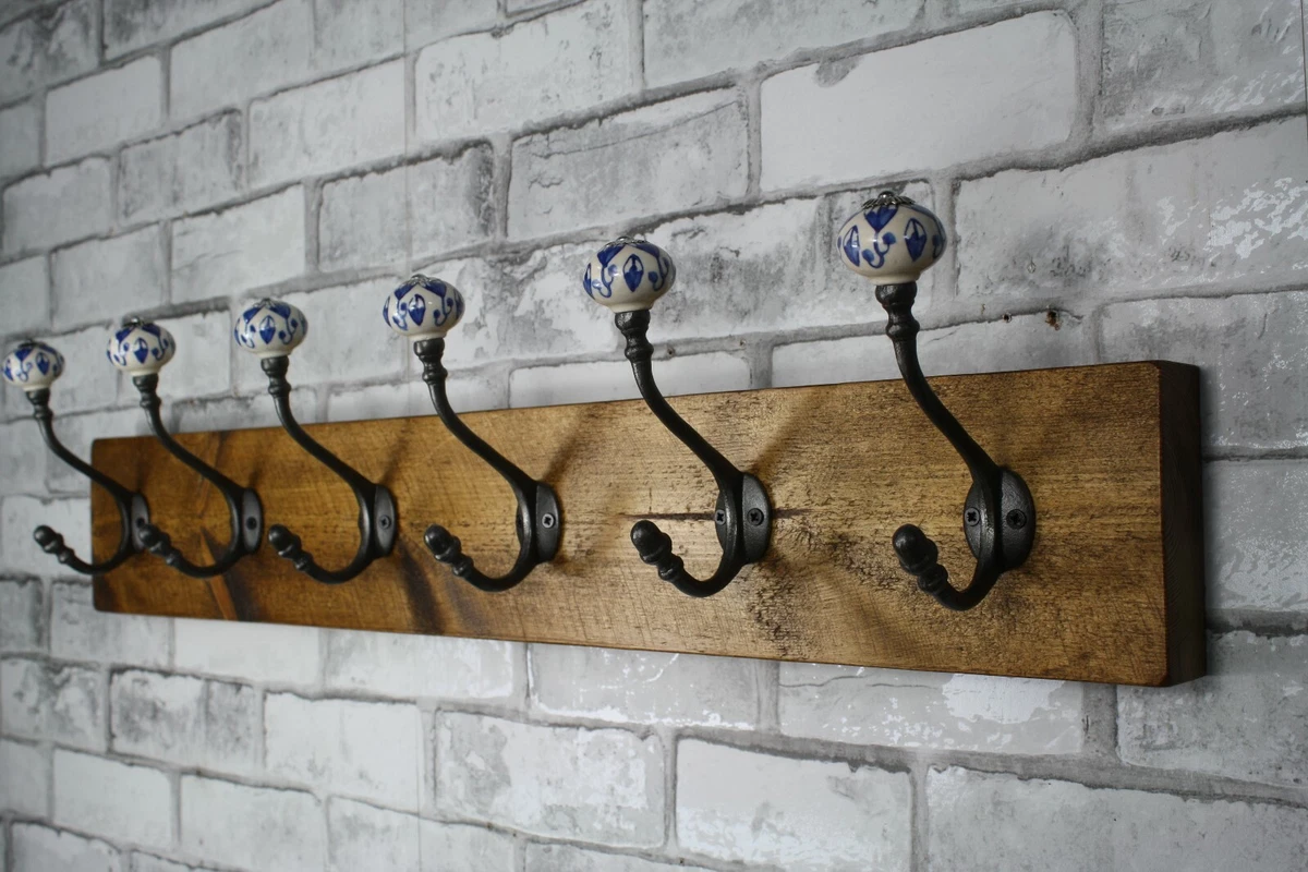 Edwardian Chunky Wooden Coat Rack Vintage Handmade Cast Iron Hook Coat Hooks