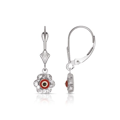 Solid 14K White Gold Flower Evil Eye Dangle Leverback Earrings