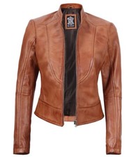 Angel Jackets - Amy Tall Womens Cafe Racer Tan Leather Jacket Rrp £150 - 003