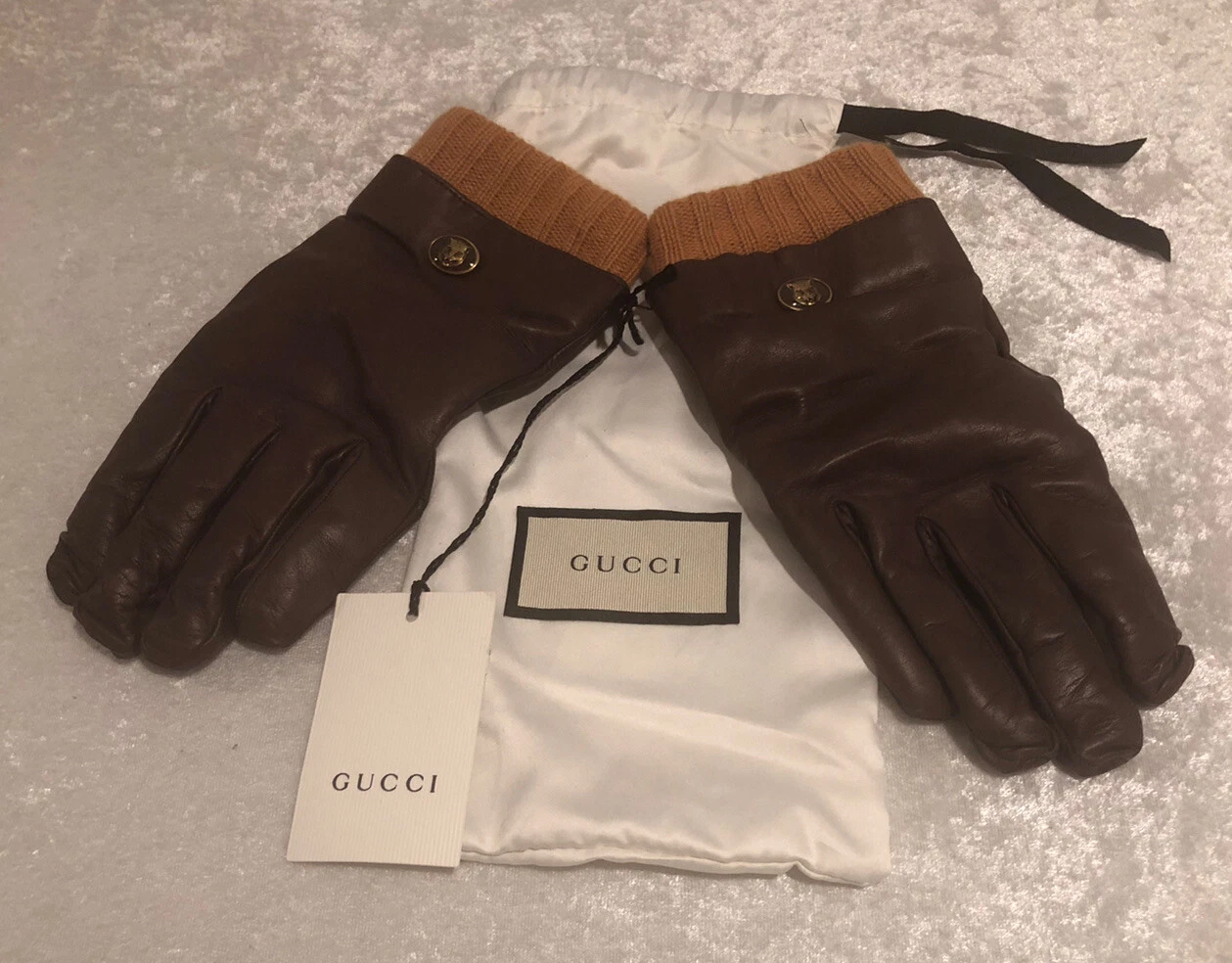 NWT Gucci Light Brown Leather Cashmere Lined Tiger Head Gloves Sz. 8.5/S $595.00