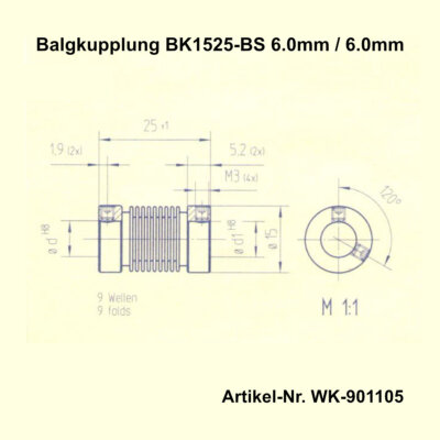 Metal Bellows Coupling BK1525-BS | Bore d=6.0mm / d1=6.0mm | Made in Germany