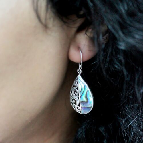 Abalone Shell & Silver Earrings - Pair Of Shaped Handmade 925 Sterling - Picture 3 of 13