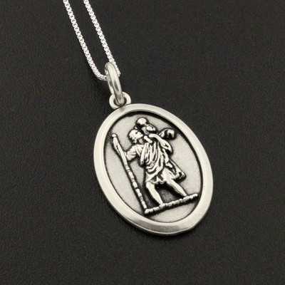 Sterling silver 925 Saint Christopher Pray for us charm Religious Necklace N54