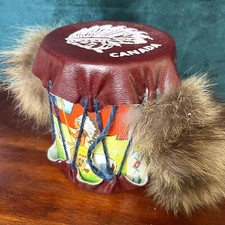 Vintage Canada Souvenir Drum With Raccoon Tails, Native American 1960s