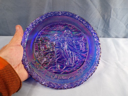 Fenton Blue Carnival Glass Plate - Lafayette & Washington at Valley Forge