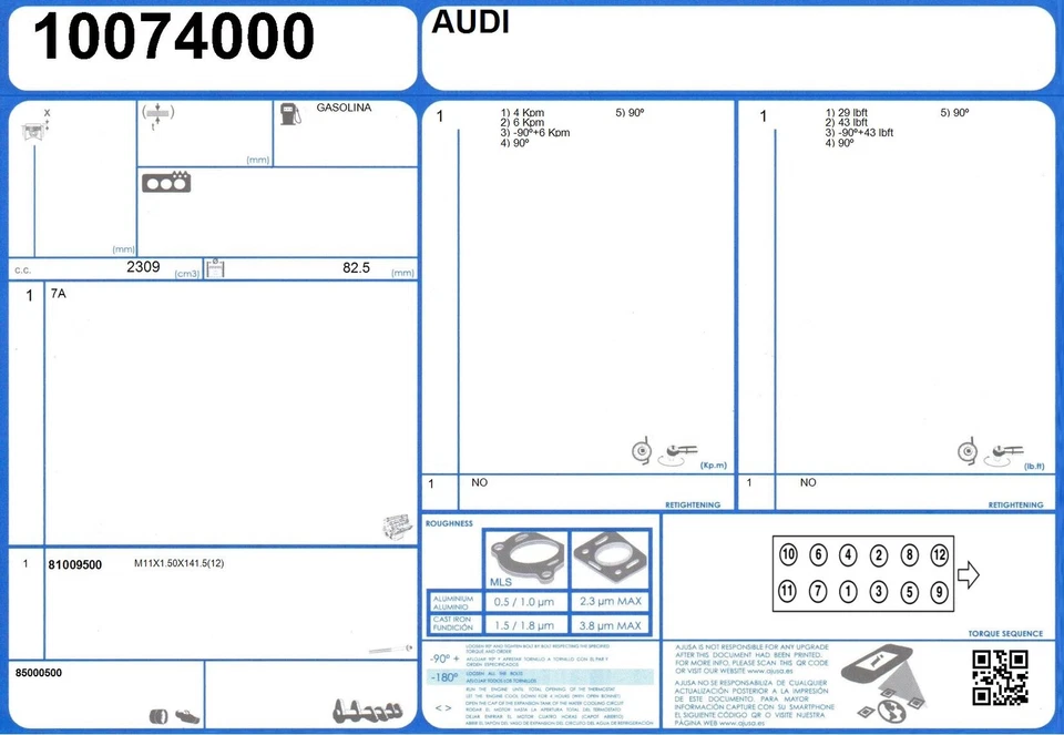 Cylinder Head Gasket Set AUDI 90 QUATTRO 20V 2.3 164 7A (1990-1991) - Imagem 2 de 2