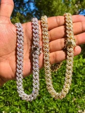 Men's Miami Cuban Link Chain Ice Ice Out 14k White Gold Cz VVS Real ICY Choker