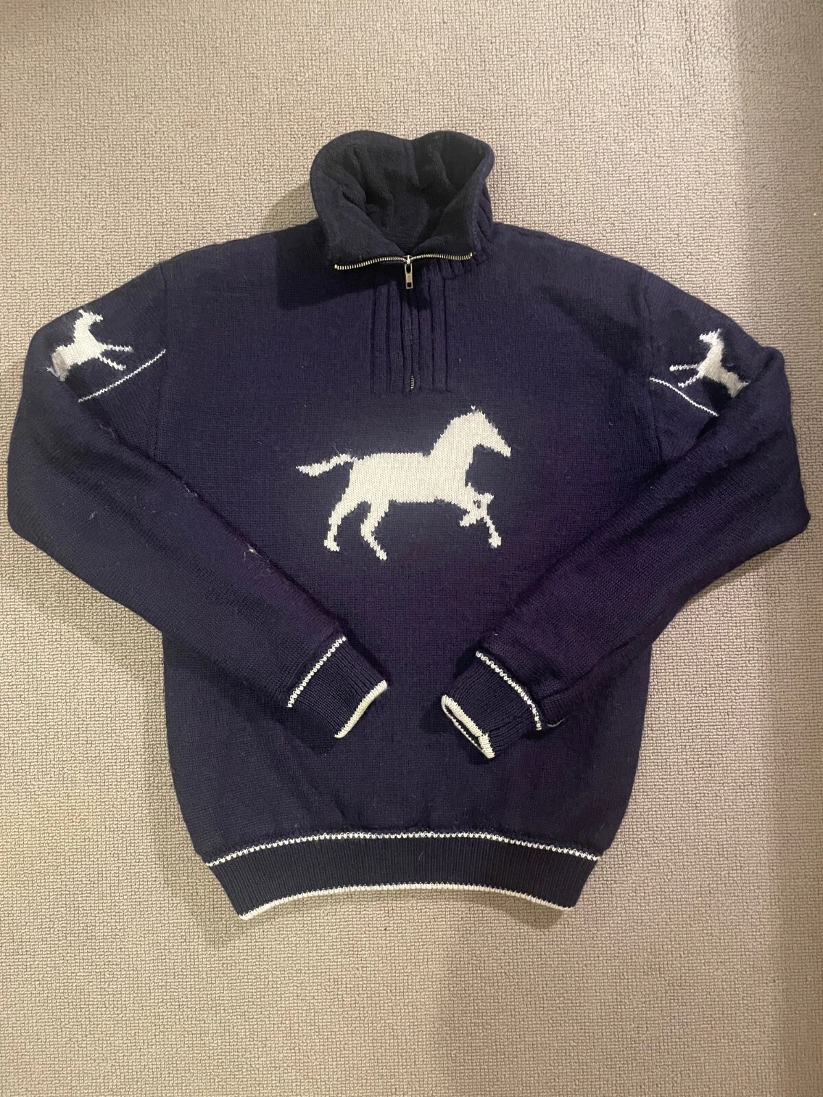 Horses knit quarter zip. Men's Medium. Navy Wool Knit. Used but w/ 0 defects.