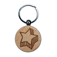 Star with Shadow Excellent Doodle Engraved Wood Round Keychain Tag Charm