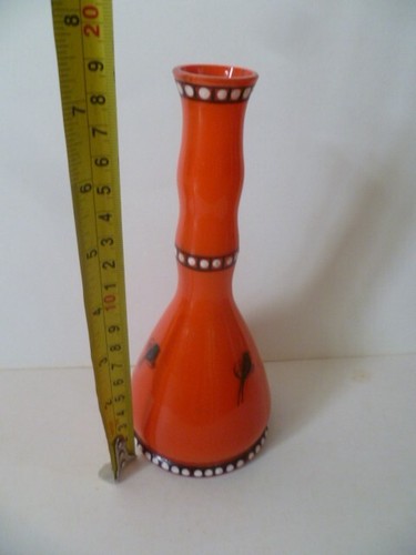 Vintage Bohemian Czech Hand Enamelled Painted Orange Cased Art Glass Stem Vase - Picture 7 of 13