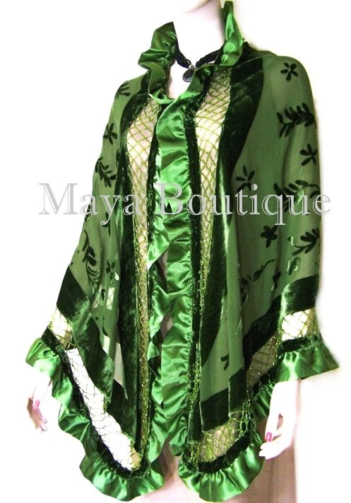 Mantón de seda envolvente con cuentas Burnout terciopelo verde triángulo volantes satinados Maya Matazaro Foto 4 de 4