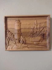 Handcrafted Nautical Ship and Lighthouse 3D Wall Plaque Art - Teak Wood