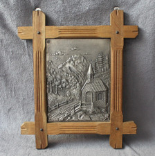 Vintage Zinnbild Holzrahmen Massiv Eiche Reliefbild Kirche Alpen Wandbild