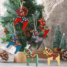 6 Pcs Swedish Dala Horse Christmas Ornaments Wooden Dala Horse Hanging Pendant D