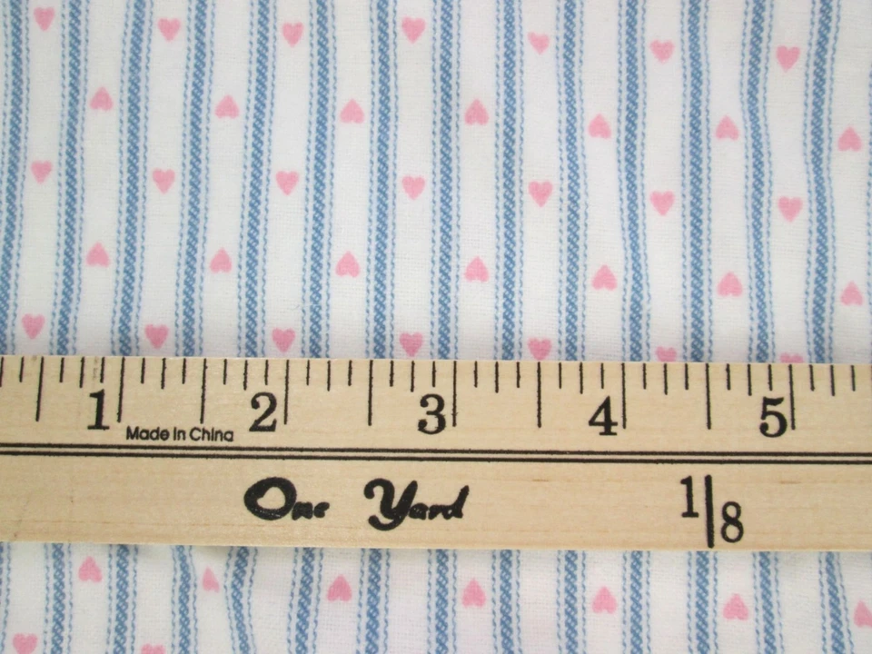 Vintage Pink Heart Blue Ticking Stripe Flannel Fabric Cotton 44" Wide 1 1/2 Yd - Image 2 of 4