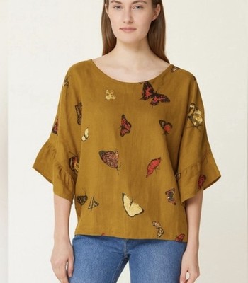 Viola Borgh 100% Linen Butterfly Top Women S Mustard Yellow Beach Spring Coastal
