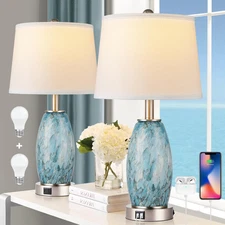 Table Lamps Set of 2 with 3-Way Lighting Modes, USB & Type C Ports - Coastal Mod
