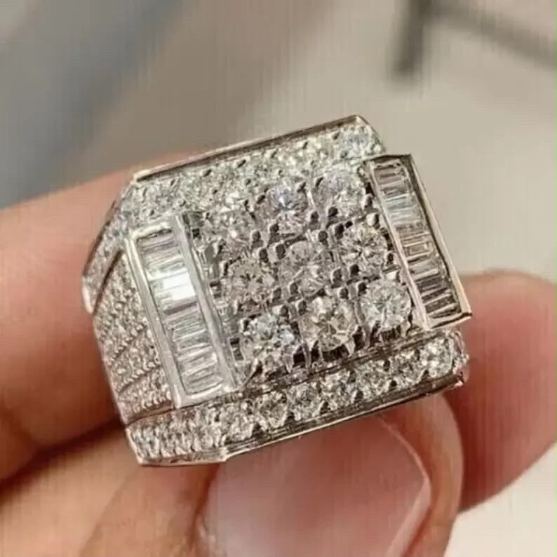 Anillo de compromiso de moissanita real de corte redondo de 3 quilates para hombre enchapado en oro de 14 k blanco