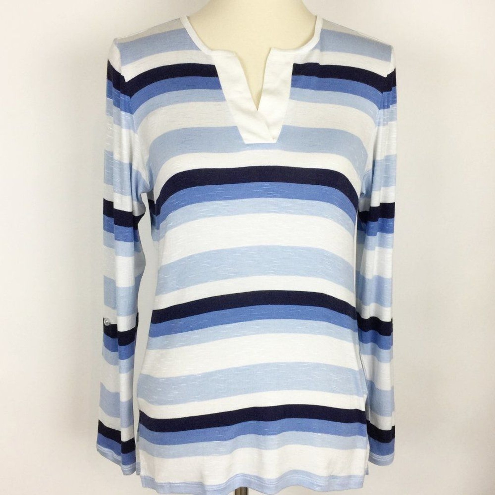 Leo & Nicole Prague Striped V-Neck Henley Top Women Size S