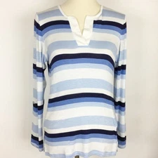 Lea & Nicole Striped V Neck Long Sleeve Shirt Womens Size Small Blue White