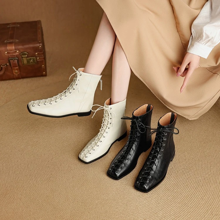 Mujeres Cuero Real Cuero de Vaca Con Cordones Puntera Cuadrada Botines Cremallera Trasera Pisos Nuevos Foto 2 de 4