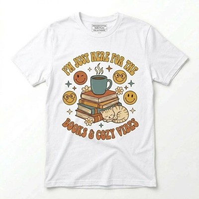Bookworm T-Shirt Retro Graphic Tee Cozy Coffee Cat Gift For Book Lovers