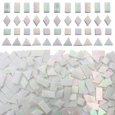 Iridescent White Glass Mosaic Tiles for Crafts, 280 Pcs Mixed 4 Shapes Staine...