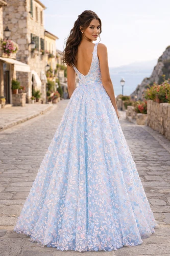 Long Blue V Neck Ball Gown Pockets Multi Color Floral Lace Prom Dress Size 8