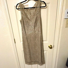 BCBGMAXAZRIA Silver Metallic Lace Sleeveless V-Neck Dress, Size 12
