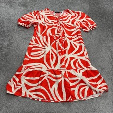 Mille Gabrielle Palm Leaf Tiered Puff Sleeve Midi Dress Womens Large Red Cream