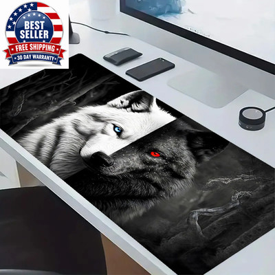 Large Gaming Mouse Pad Black and White Wolf King Design Non-Slip Base Heavy Duty