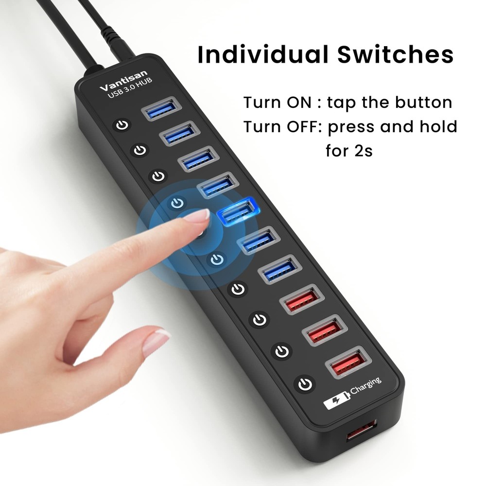 11-Port Powered USB 3.0 Hub with 7 High-Speed Data Ports and 4 Charging Ports