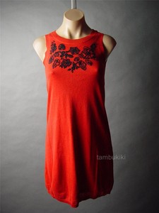 Sale-Orange-Black-Floral-Embroidery-Mod-60s-Sweater-Knit-Shift-55-mv-Dress-XS-M