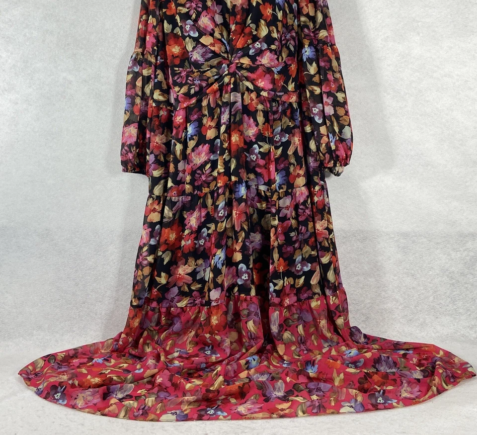 Vince Camuto Maxi Dress Womens 20W Red Black Long Sleeve Tiered Ruched Chiffon - Image 3 of 4