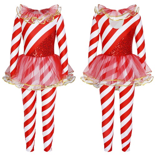Kids Girls Christmas Dance Costume Sequins Candy Cane Striped One Piece Jumpsuit - Picture 70 of 93