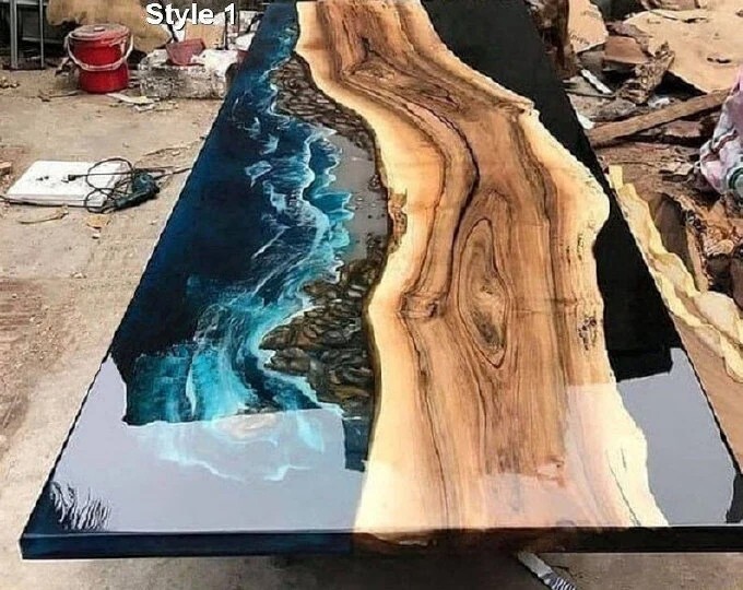 Handmade Ocean Wave Epoxy Resin River Wood Dining Table Top Furniture  -image