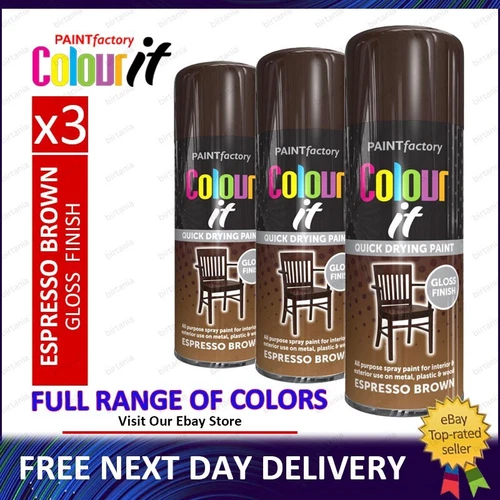 3x All Purpose Brown Gloss Spray Paint Can for wood, metal, plastic bricks 400ml